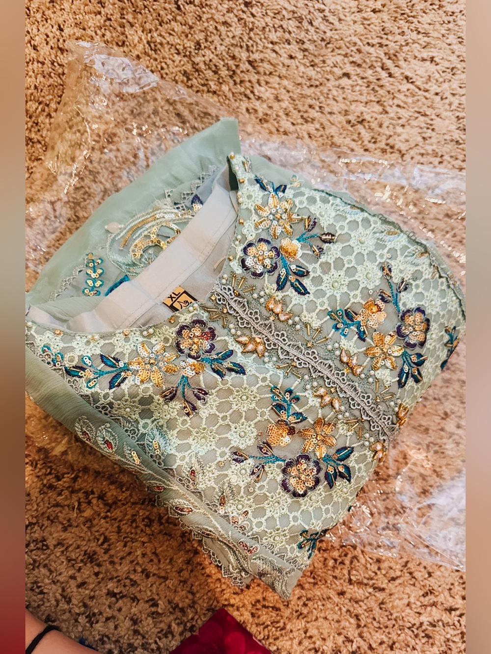 Elegant Mint Embroidered Long Sleeve Dress - Picture 3 of 6
